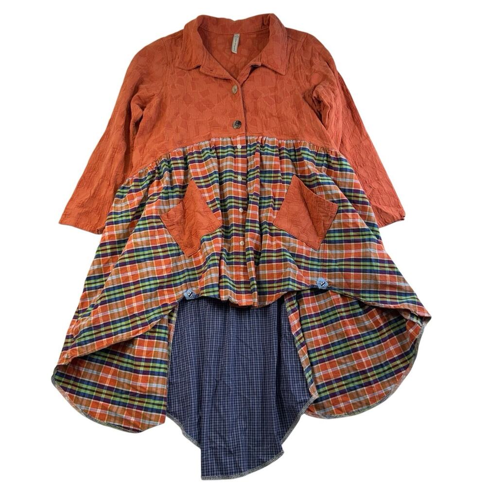 Rust Plaid Mixed-Media Tunic Shirt with Pocket Detail